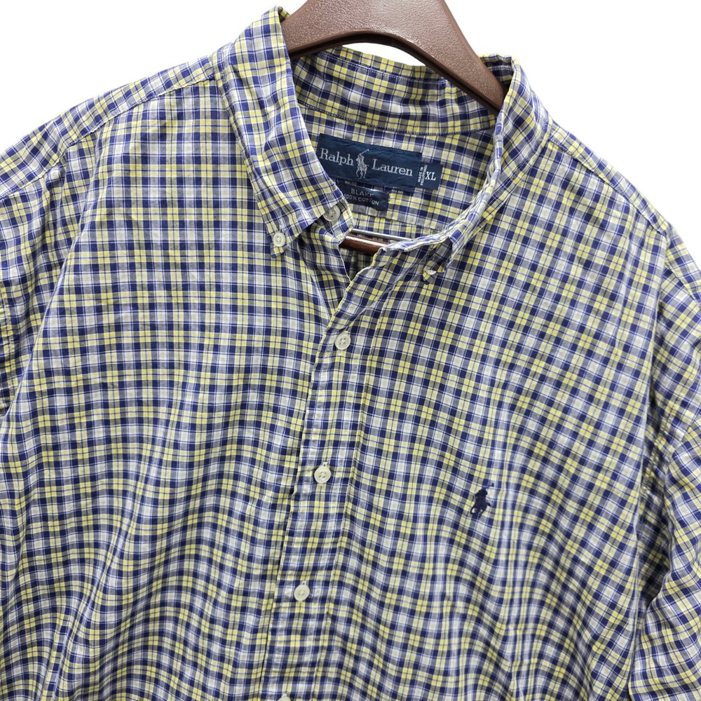 Vtg 90s Ralph Lauren Blake Mens XL Blue Plaid Cotton Short Sleeve Button Up